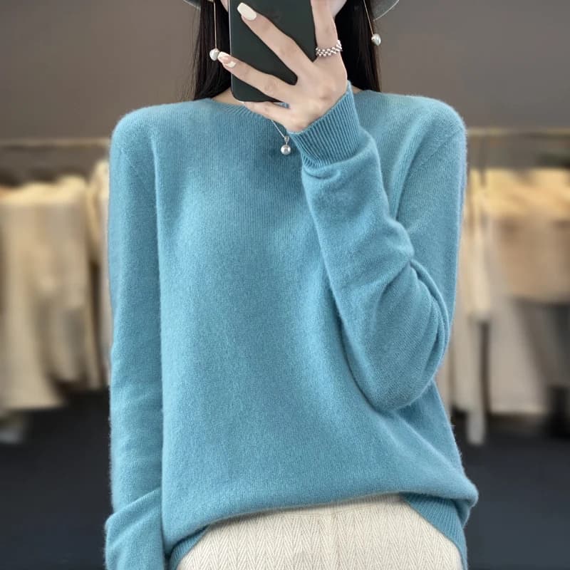 Pull tricoté en laine mérinos Pure pour femme, pull à col rond, sans couture, en cachemire, vêtement