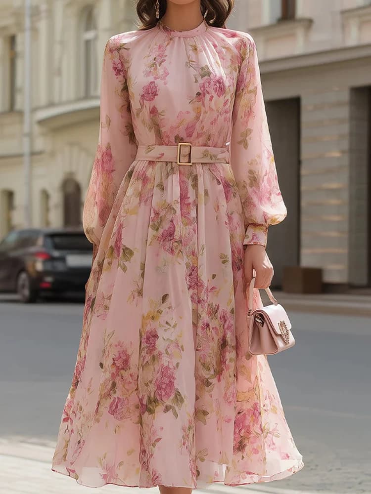 Robe longue chic à imprimé patchwork pour femme, manches bouffantes, col rond, idéale pour les fêtes
