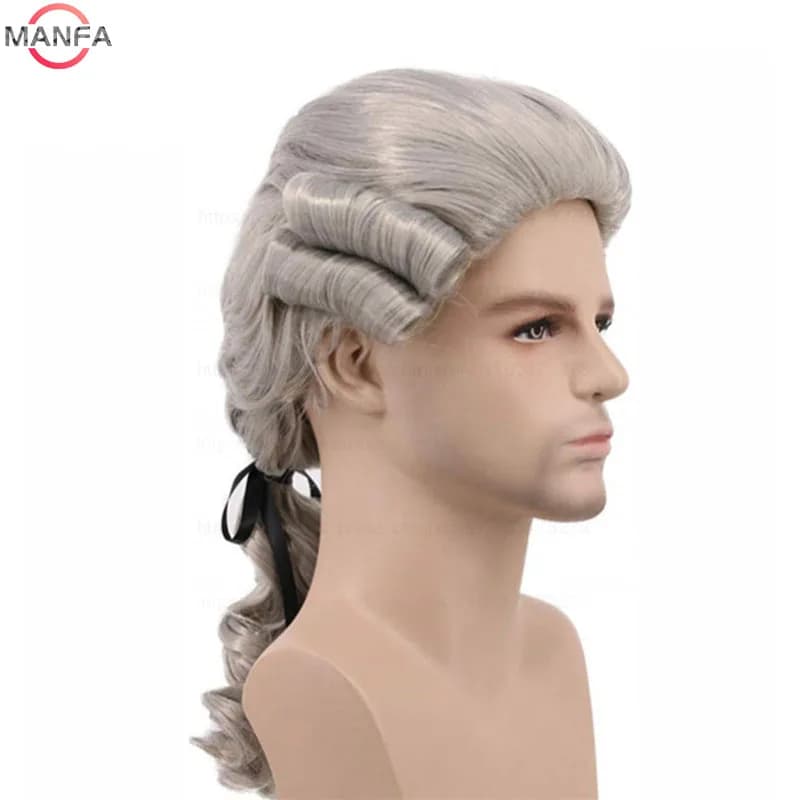 Perruque de Cosplay synthétique bouclée pour avocat, juge, gris, blanc, noir, de luxe, historique, l