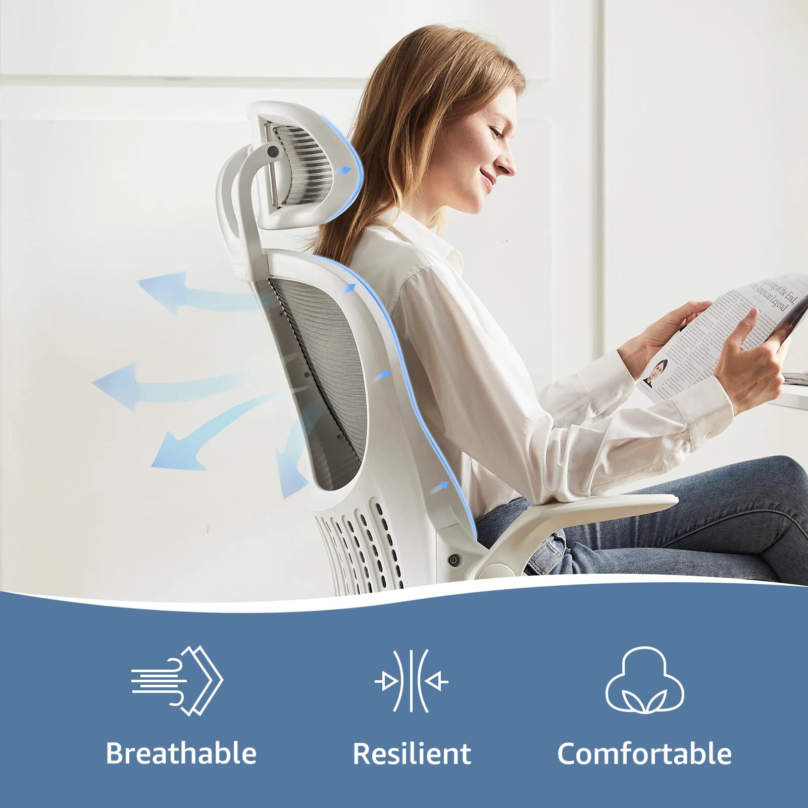 JHK – chaise de bureau ergonomique en maille, bras rabattables, appui-tête réglables, Support lombai