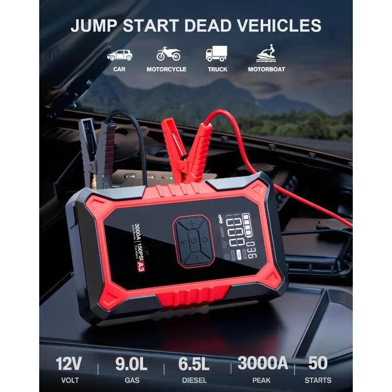 home.A3 Démarreur de saut avec compresseur d'air, booster de batterie de voiture portable 3000A (9,0