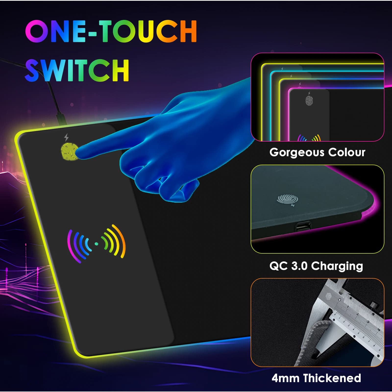 Tapis de souris RGB à chargement sans fil, LED de jeu, avec 10 Modes d'éclairage, Extra Large XXL, e