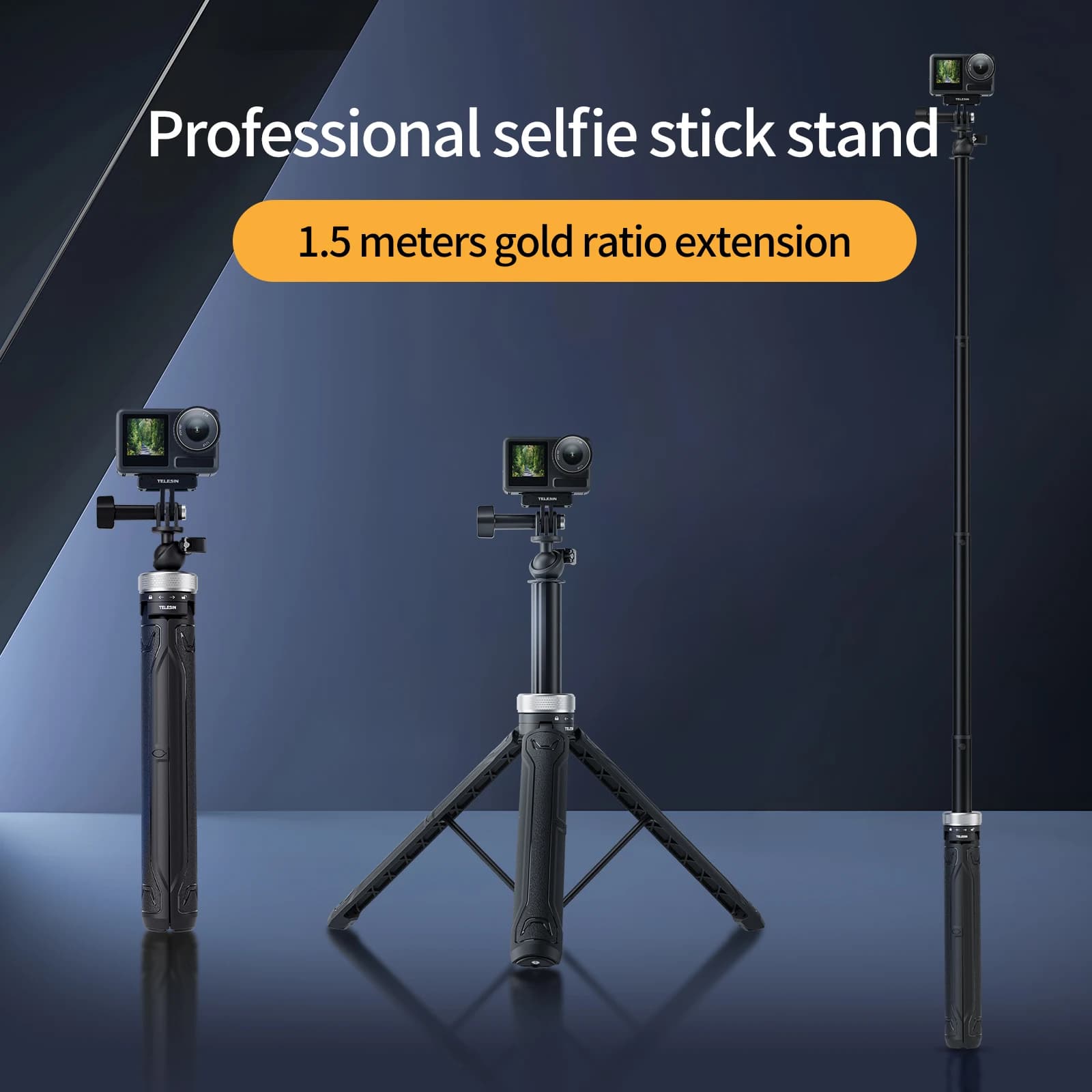 TELESIN-Trépied Selfie Stick Pliable, Rotation 360 °, 1.5m, Convient pour GoPro Fore13, 12, 11, 10, 