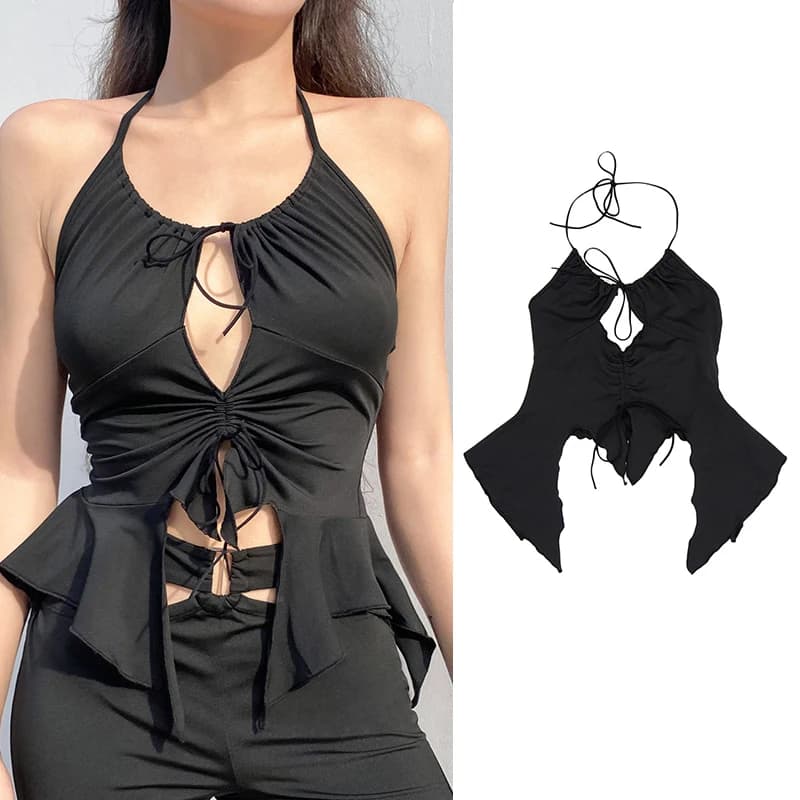 Haut caraco gothique sexy pour femme, dos nu en fibre noire esthétique, GlaE-Girl Crop, Vintage, Pré