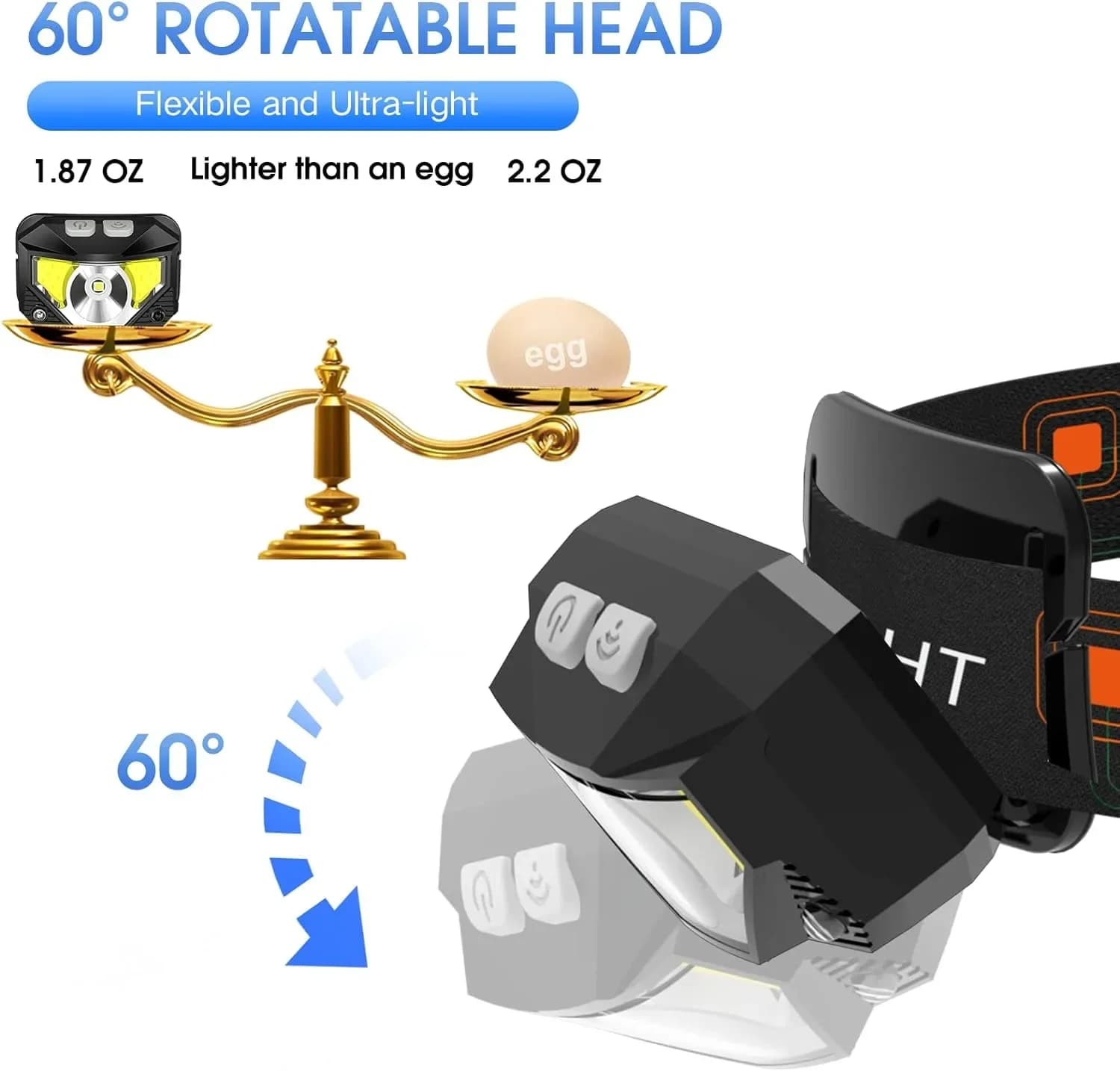 Lampe de poche frontale, phare LED ultra-léger et lumineux rechargeable de 1200 lumens avec lumière 