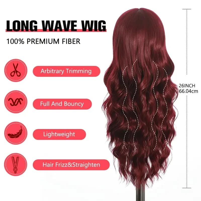Perruque synthétique couleur vin rouge avec cheveux longs bouclés et frange pour un usage quotidien 