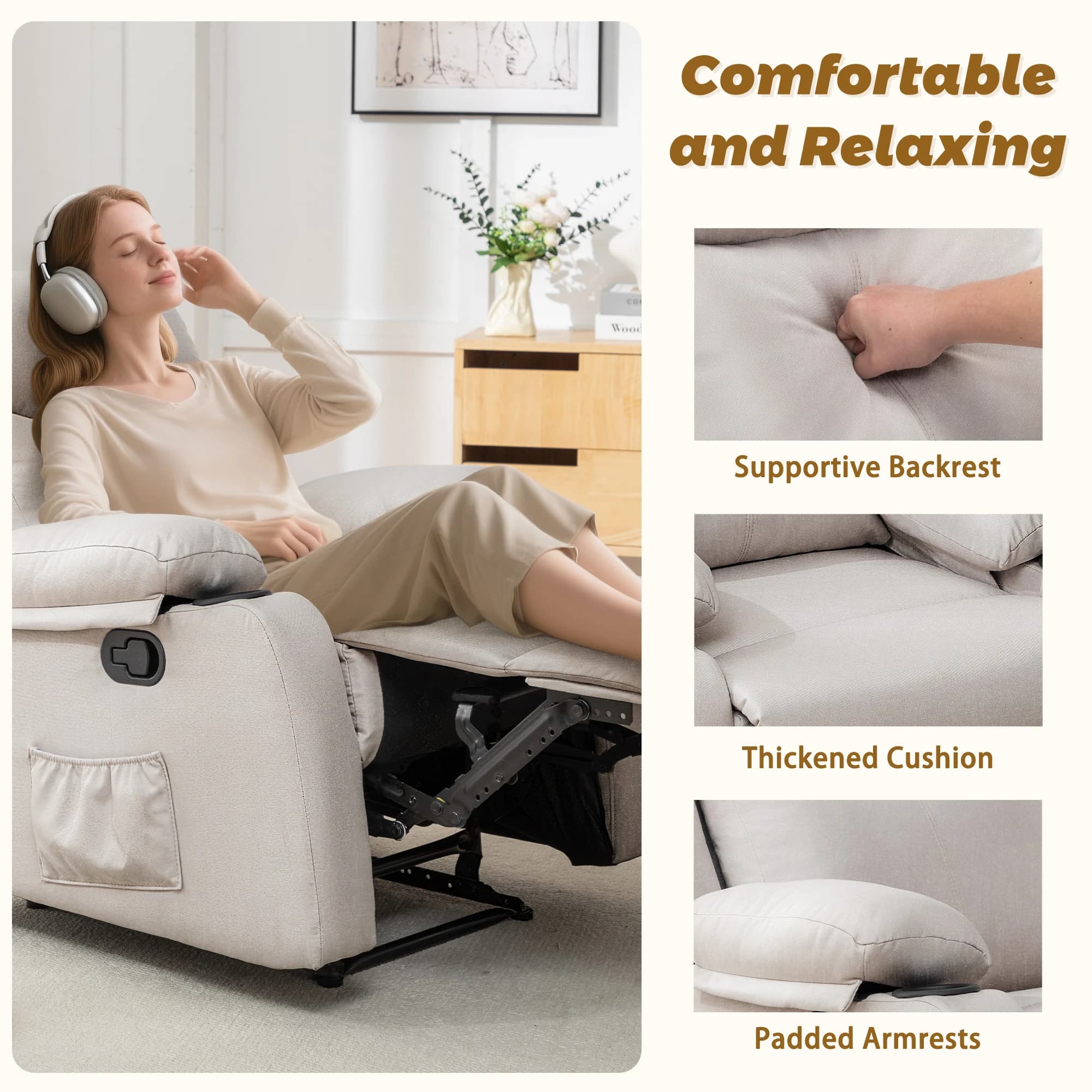 Korser Petites fauteuils inclinables pour petits espaces, chaise inclinable manuelle avec porte-gobe