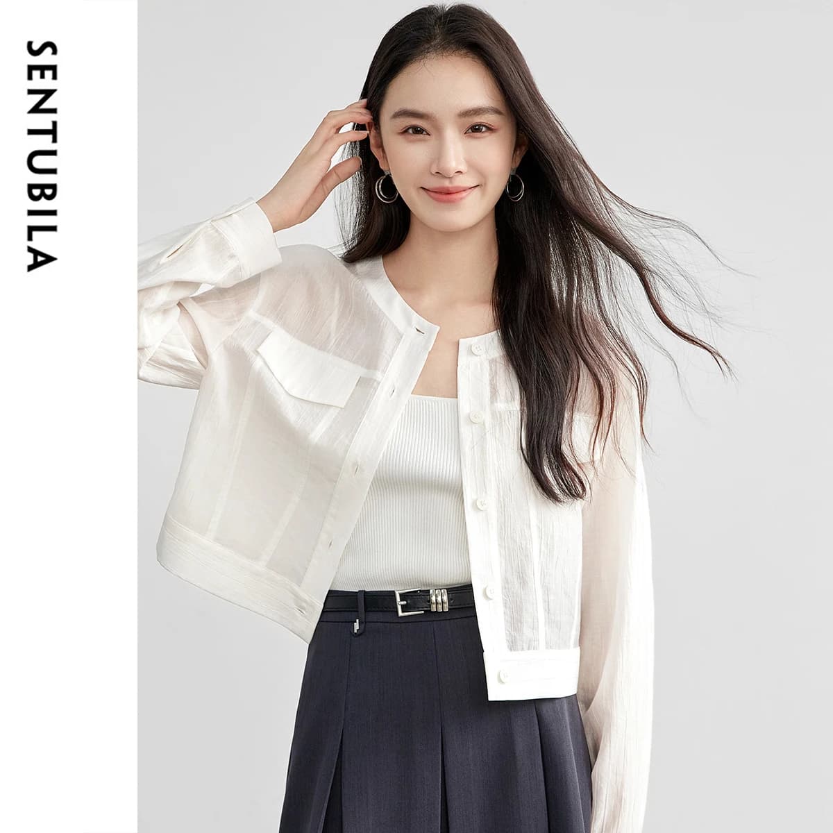 Chemise femme SENTUBILA en Lyocell, col rond uni, manches longues, simple boutonnage, nouvelle colle