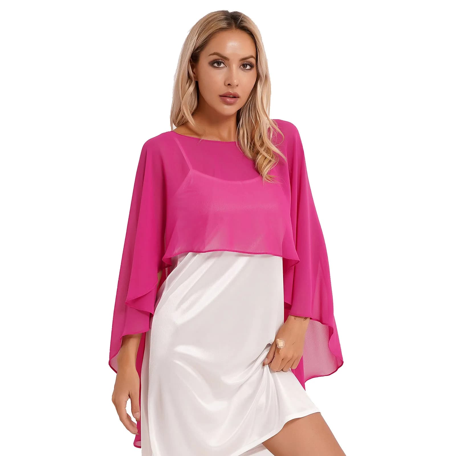 Femmes en mousseline de soie solide pull Capes châle haut-bas ourlet mince doux haussement d'épaules