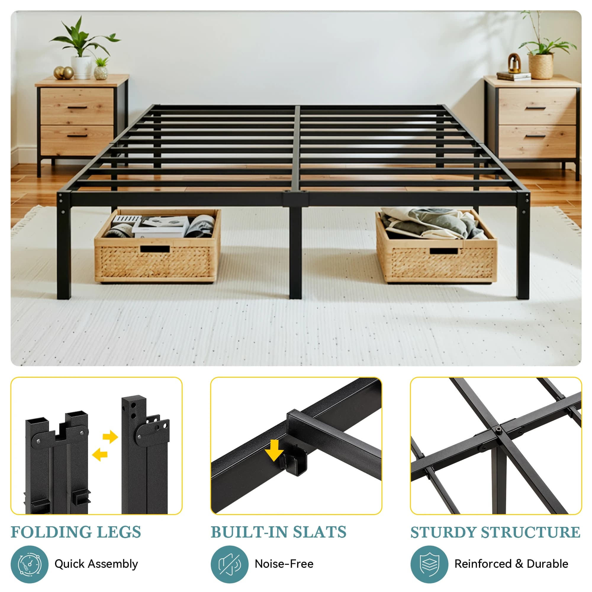 HOOMIC Cadre de lit double/plein/Queen/King en métal robuste avec rangement sous le lit de 14 pouces