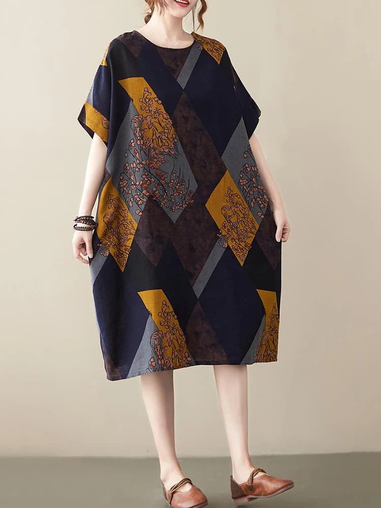 Robes midi d'été décontractées et amples pour femmes, en coton et lin, à manches courtes, imprimé vi