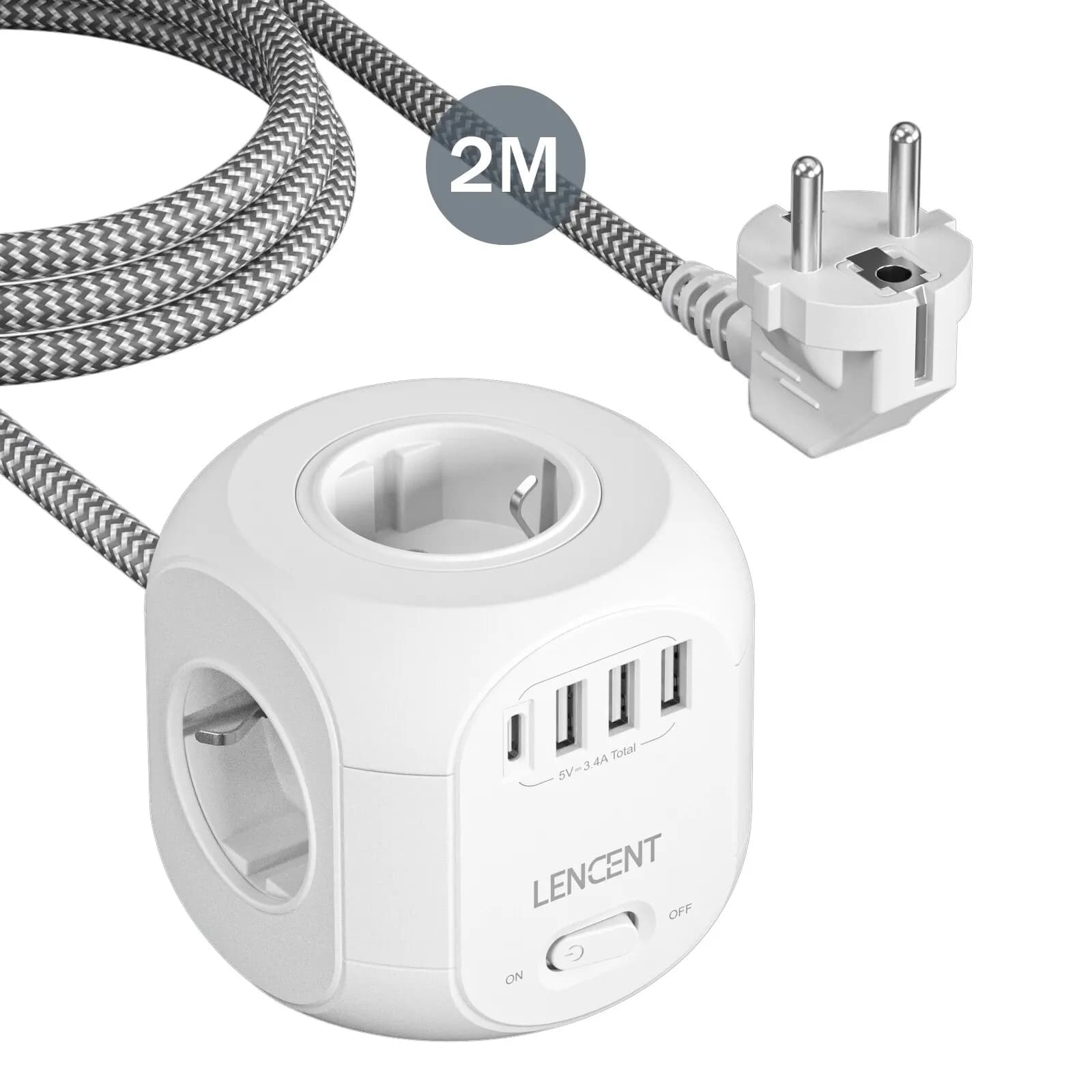 LENCENT – multiprise ue avec 4 prises ca, 3 ports USB, 1 Type C, câble tressé de 2M/3M, prise multip