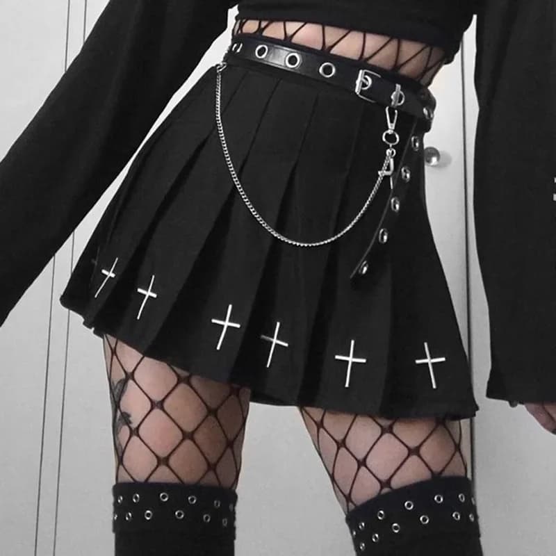 Mini jupes noires taille haute Punk plissée, Vintage, gothique, Streetwear, imprimé croisé, jupes pl