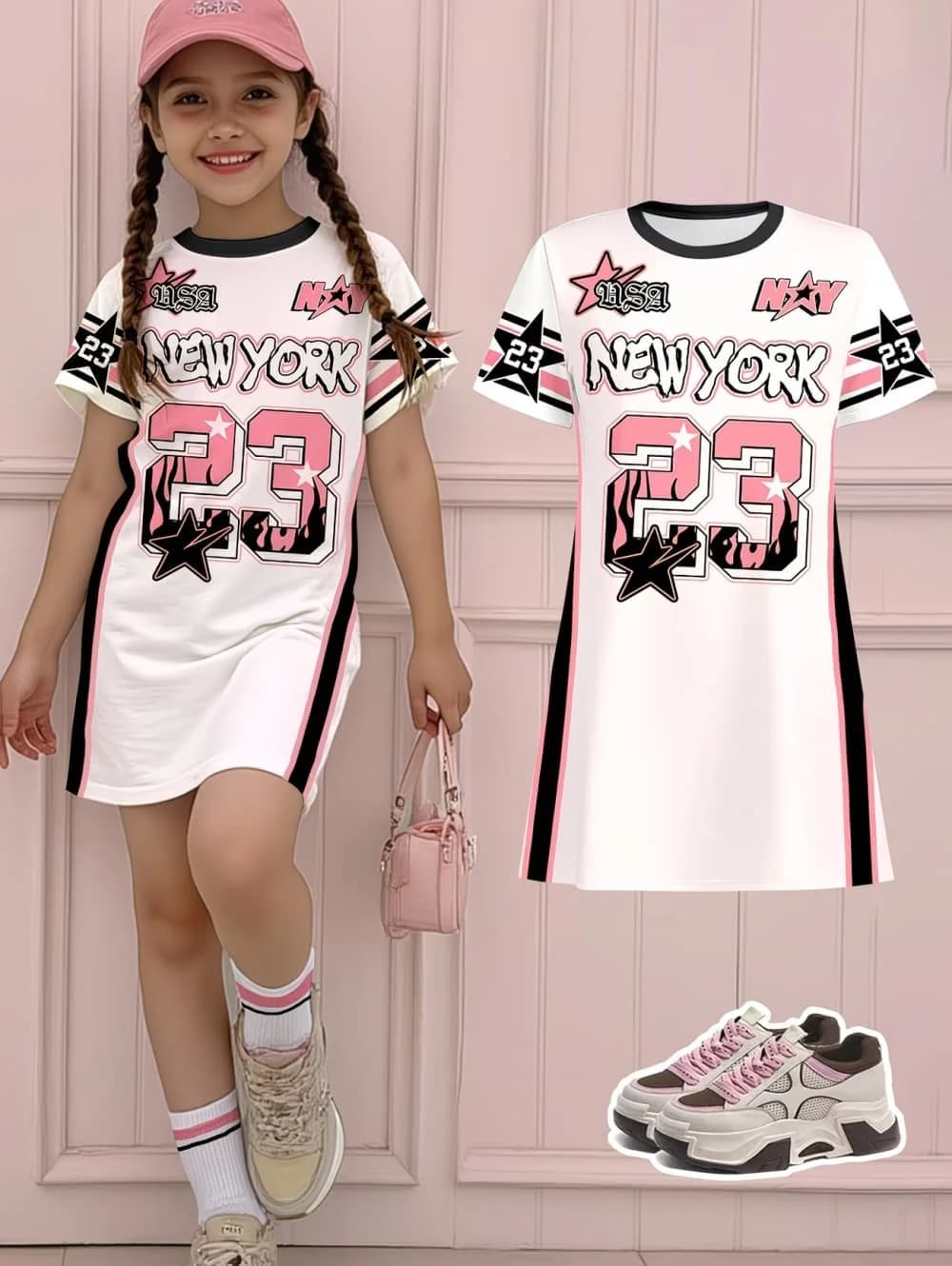 Robe de sport pour filles, imprimé 3D, col rond, manches courtes, robes d'été, style sport baseball,