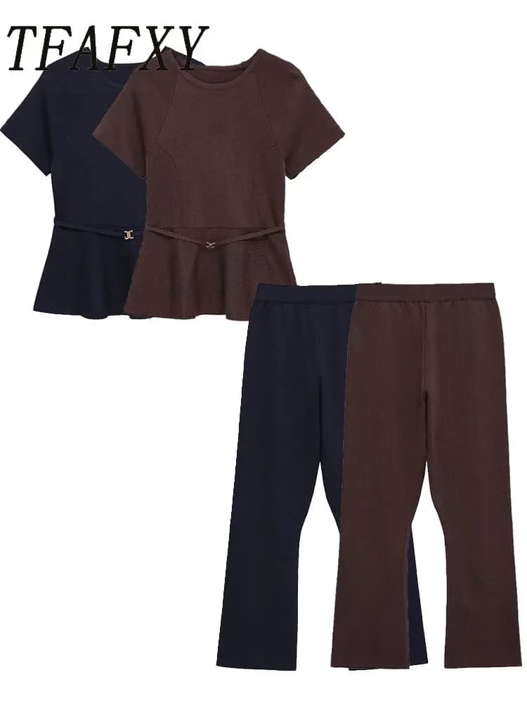 TFAFXY tricoté femmes ensembles 2026 printemps automne à manches courtes col rond mince haut court p