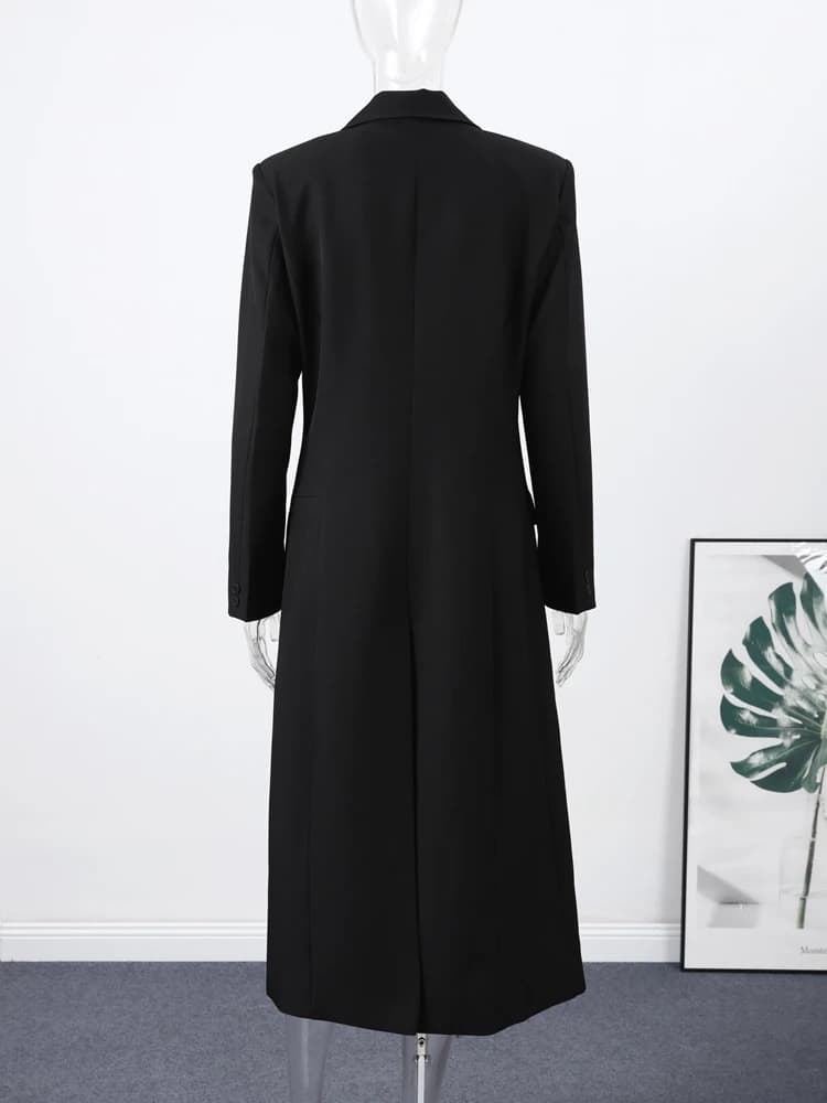 Blazer long noir pour femme, style bureau, manches longues, col rabattu, tunique, simple boutonnage,