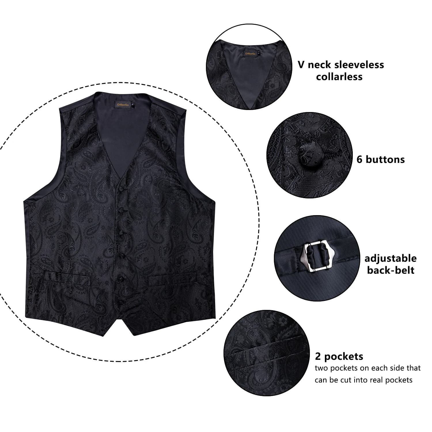 Gilet de costume Paisley noir solide pour hommes, avec cravate, nœud papillon, mouchoir, boutons de 