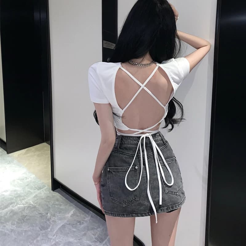90s Été Sexy Dos Nu Cravate Bandage À Top Femmes Manches Courtes Gilet T-shirt Mode Casual Évider Mi