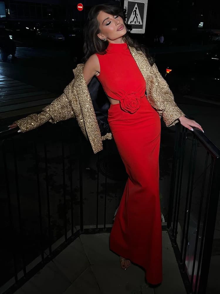 Ahagaga élégant Sexy évider Maxi Robes mode solide régulier décontracté sans manches mince moulante 