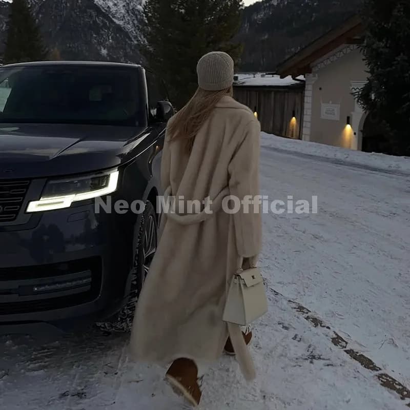 Neo Mint ceinturé fausse fourrure de vison manteau femmes 2025 hiver Beige dégradé fourrure veste de