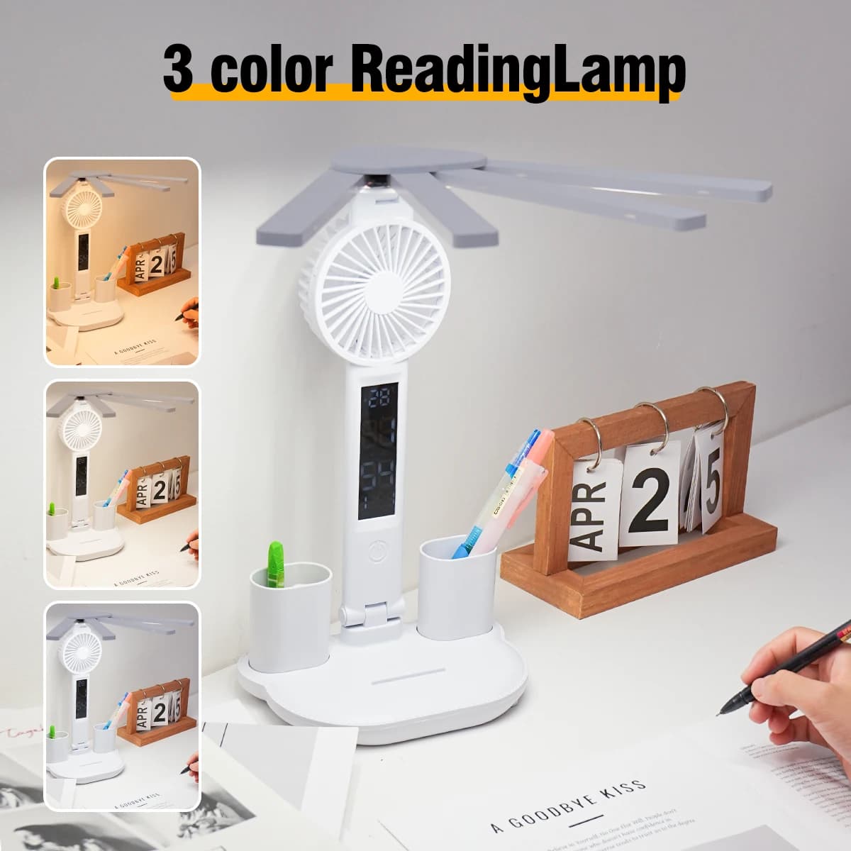 Lampe de bureau multifonctionnelle 3 en 1, lampe de bureau LED pliante à quatre têtes avec ventilate