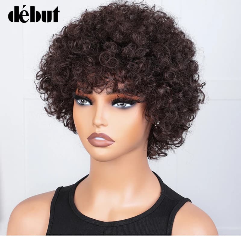 Perruque courte Pixie Afro crépue bouclée perruque Bob brune naturelle avec frange perruques de chev