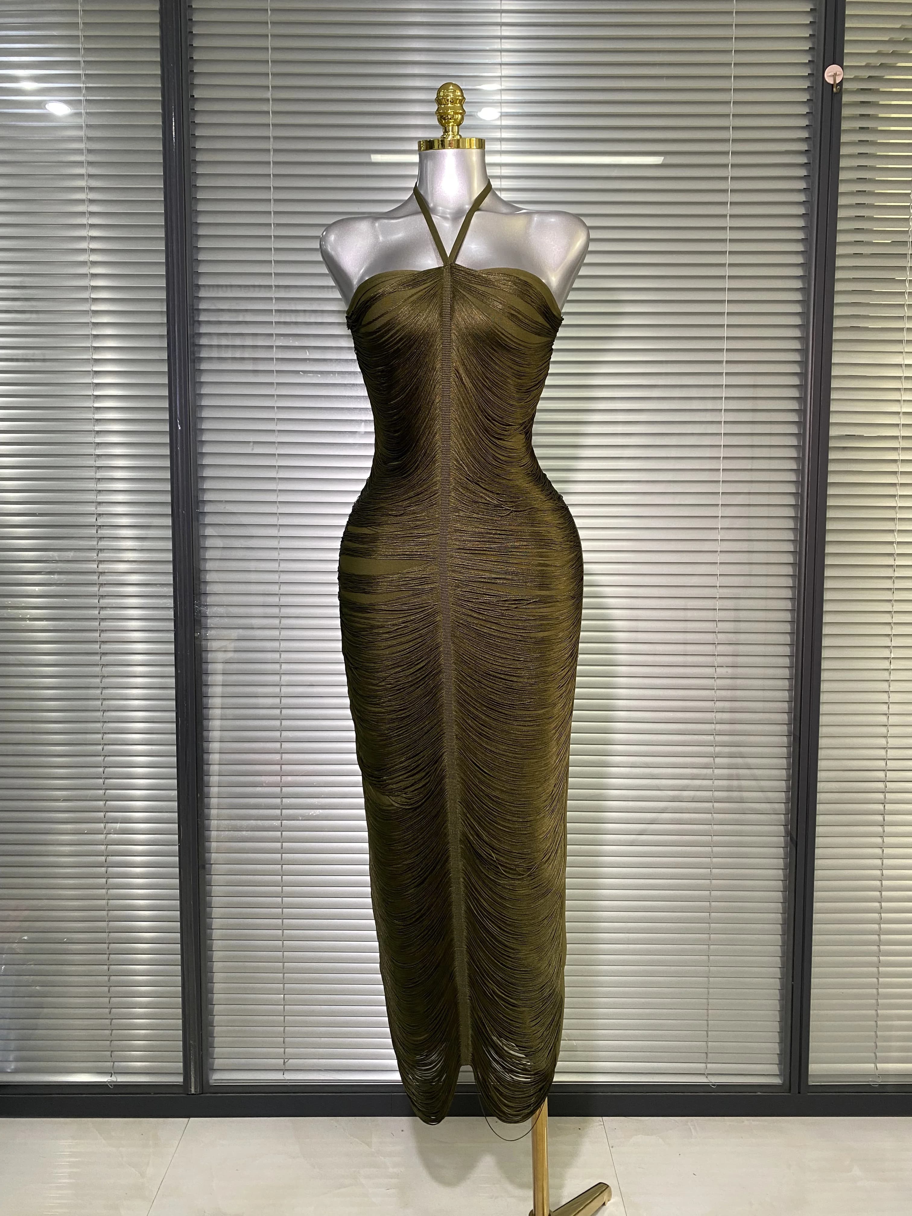 Été nouveau 2025 femmes Sexy célébrité licou armée vert tricot robe de pansement dames longue soirée