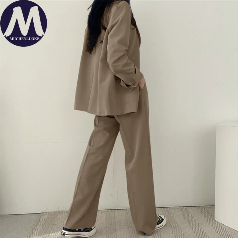 Ensemble deux pièces pour femmes, mode coréenne, blazer à manches longues et pantalon large, décontr
