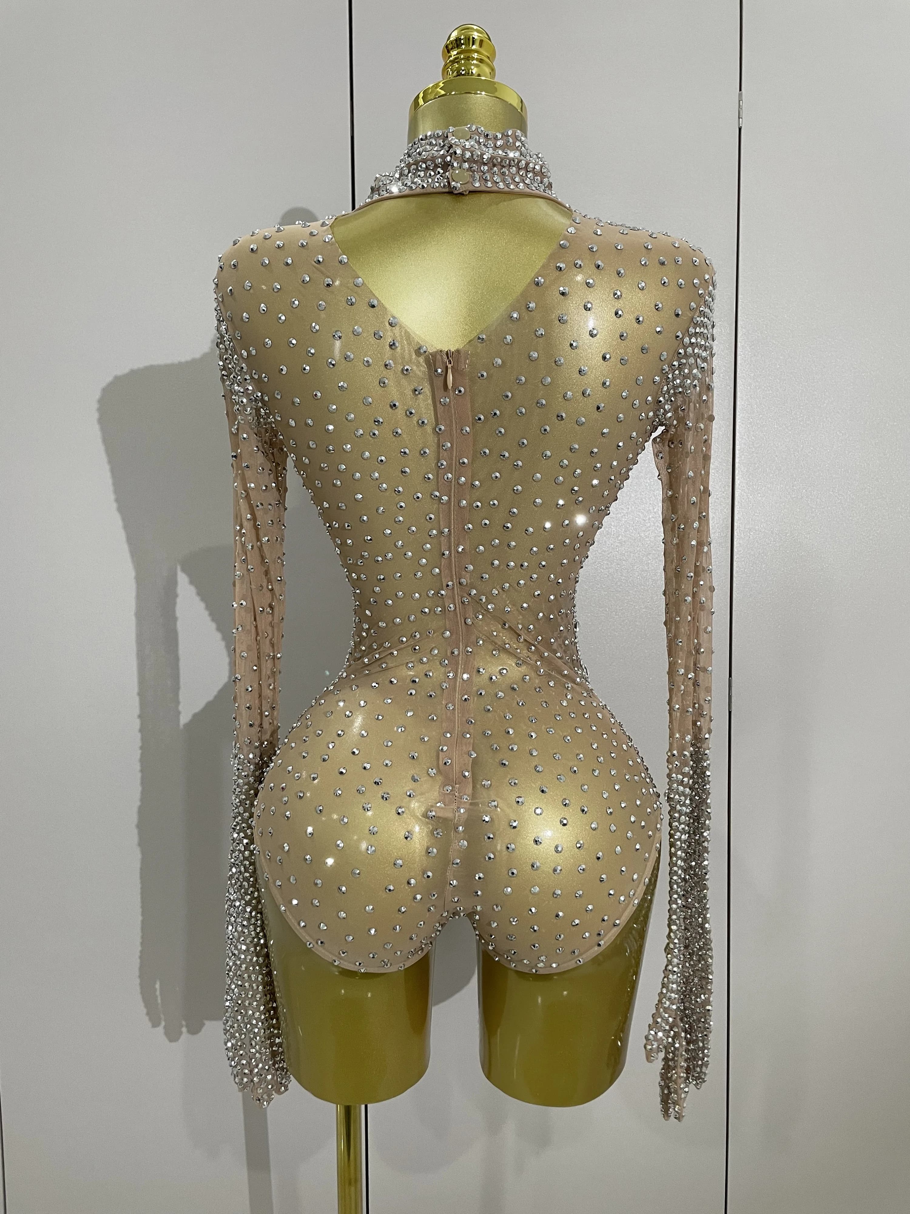 Gants à manches longues avec strass scintillants, body extensible pour femmes, soirée de luxe, fête 
