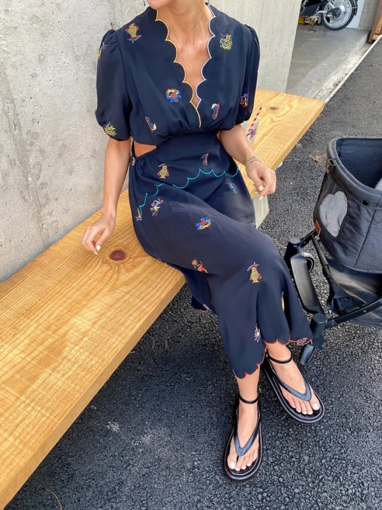 Robe longue en mousseline de soie brodée de fleurs vintage pour femmes, évider, taille incurvée, col