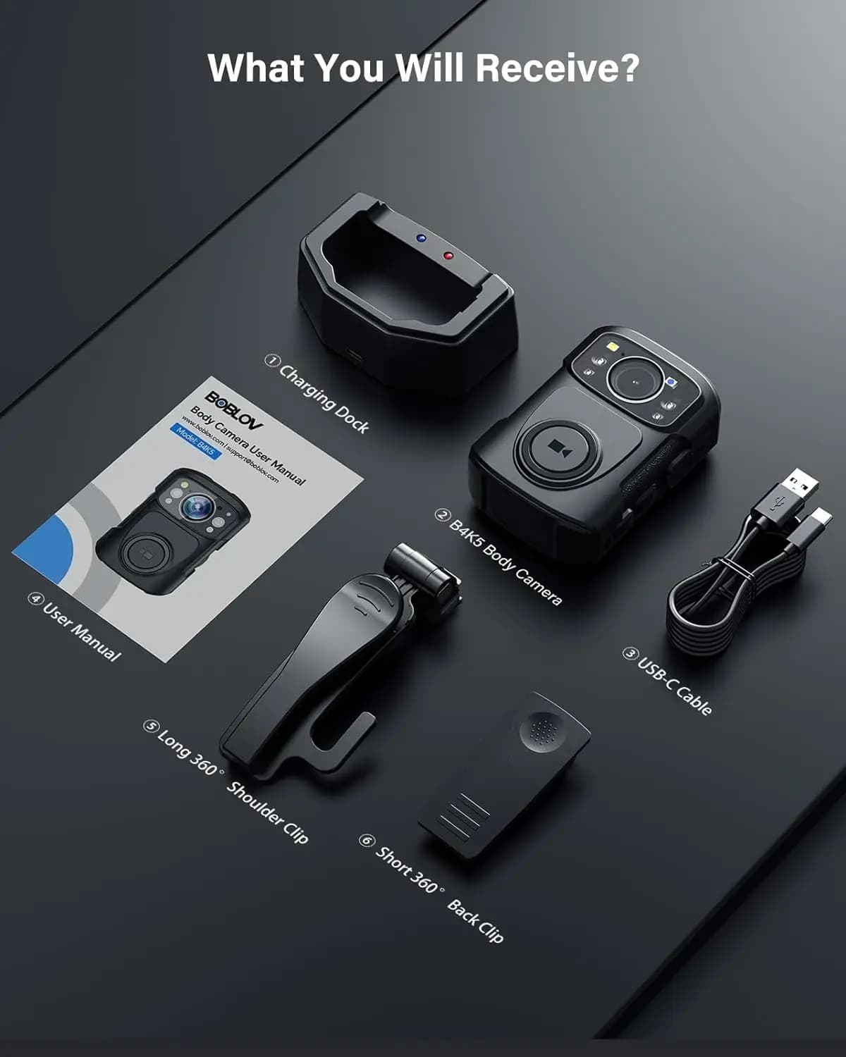 BOBLOV caméra corporelle B4K5 256G 4K IP68 caméra de Police 11 heures enregistrement vidéo Vision no