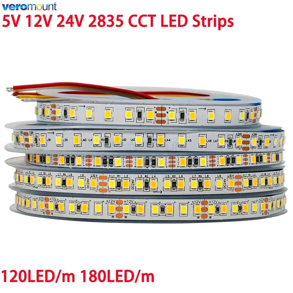 Bande lumineuse LED double couleur SMD 2835 CCT, 5m, variable, 5V 12V 24V DC WW CW, température de c