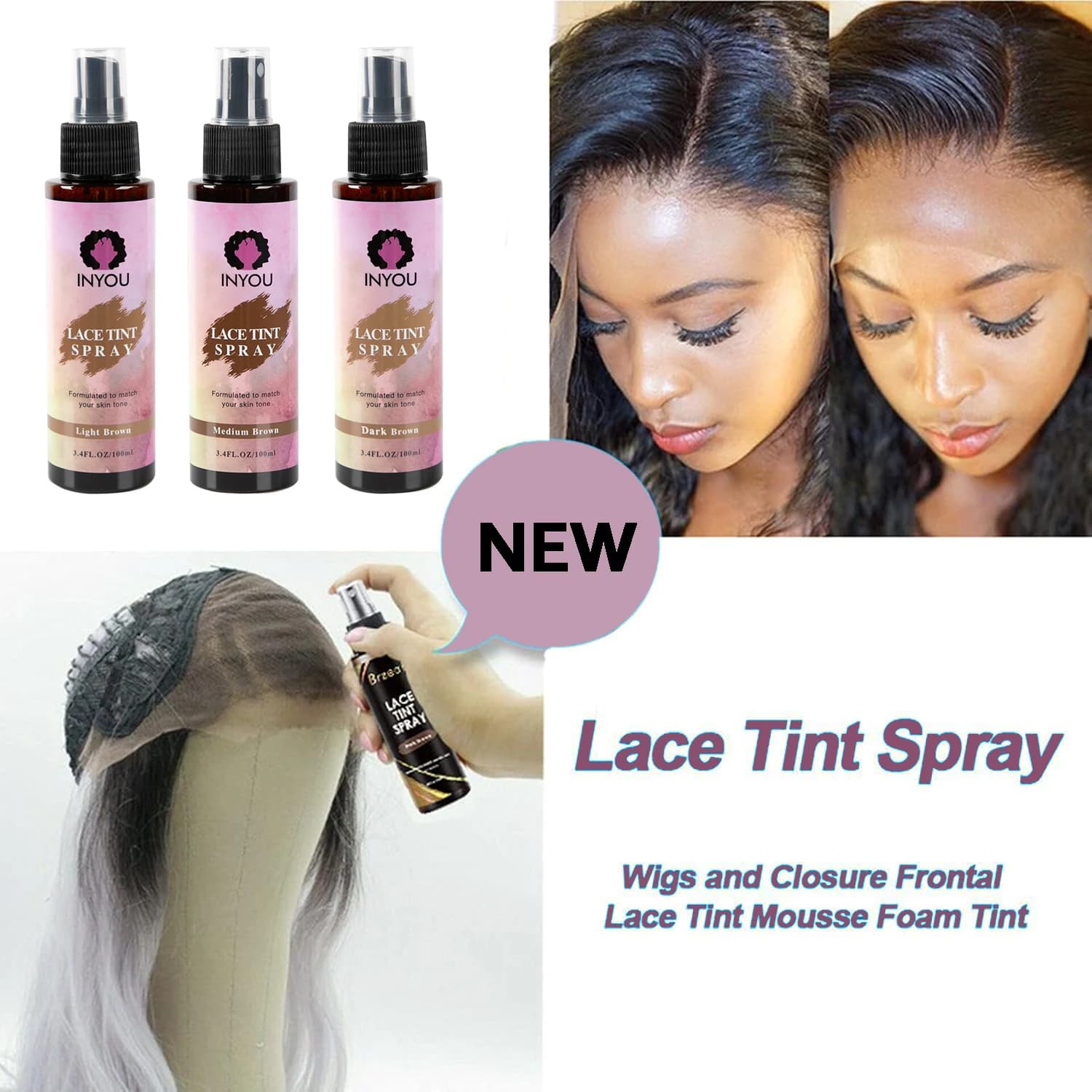 Spray de teinte pour perruque en dentelle - Brun foncé, brun moyen, brun clair, spray de teinte pour