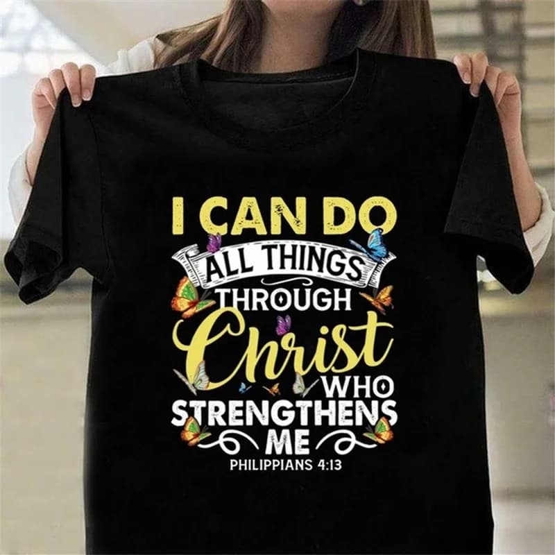 T-shirt manches courtes col rond femme, imprimé I Can Do All Thing Through Christ