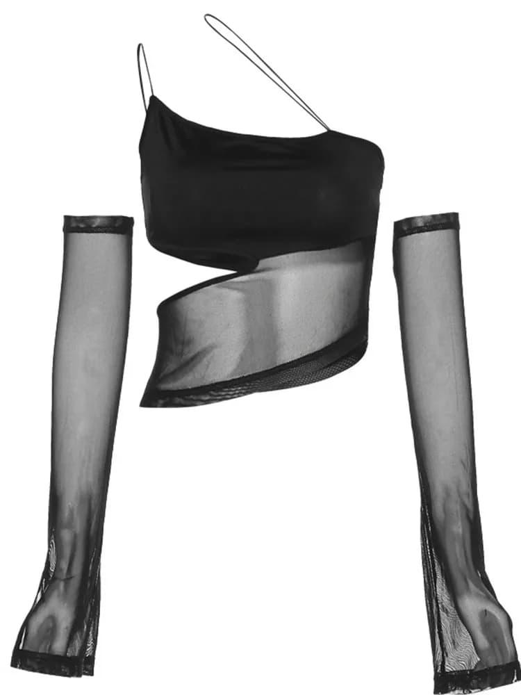 Asolls-Haut court en maille découpée avec manches, caraco transparent, vêtements grunge dégradés, pr