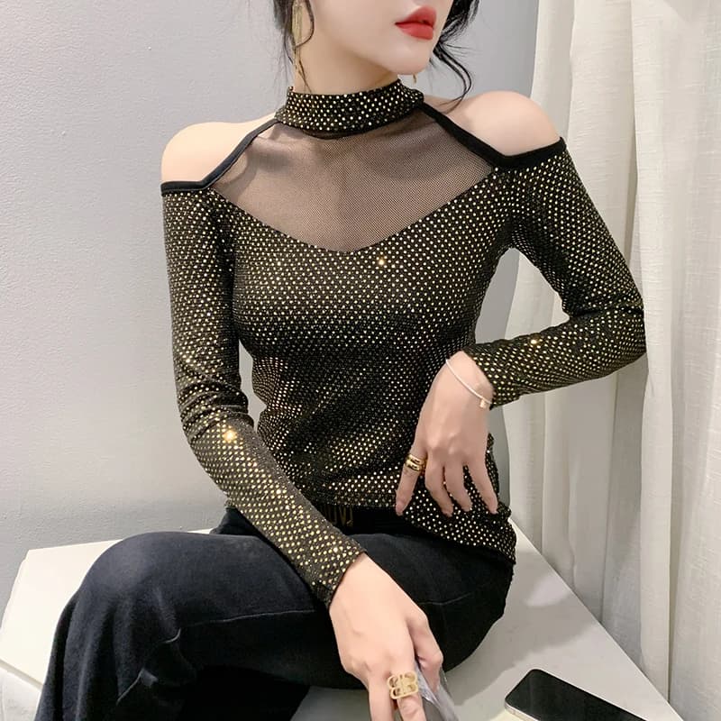 T-shirt à col en maille patché pour femme, col licou, paillettes, mince, extensible, chic, hors init