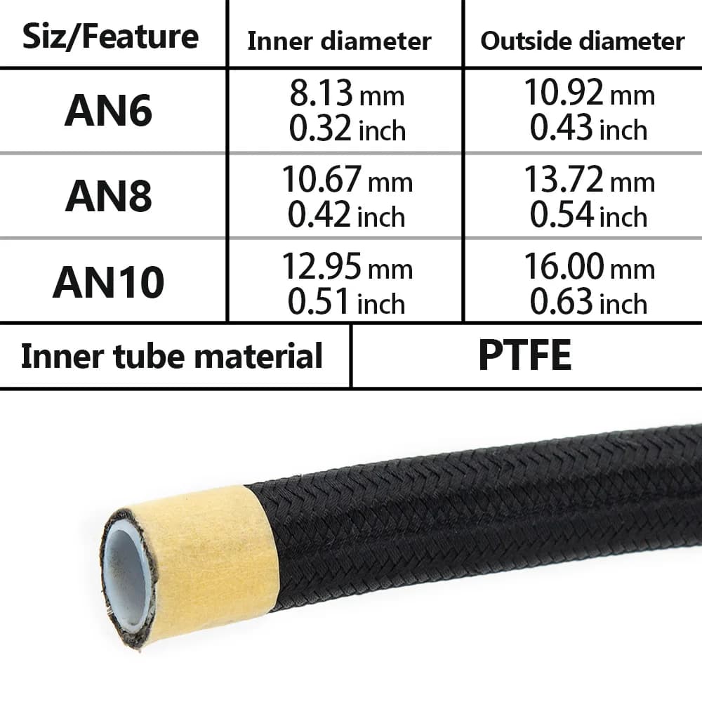 Tuyau d'huile et de carburant en PTFE, 10/20 pieds, 3m/6m, AN6 AN8 AN10, NYLON tressé à l'intérieur 