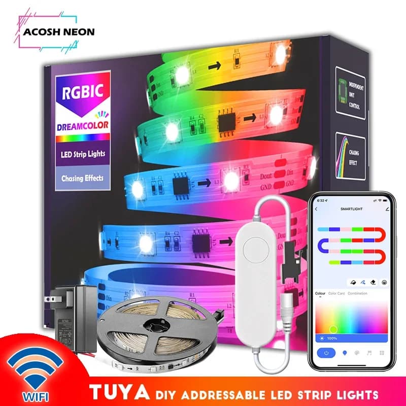 Bande lumineuse LED RGBIC Smartlife, 65.5 pieds/20m, WS2811, TUYA DreamColor, 60 diodes/M, bande Fle