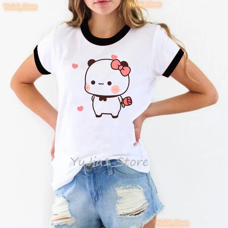 Kawaii Panda Bubu Dudu dessin animé imprimé T-Shirt filles Rose Bow Rose amour T-Shirt femmes Haraju