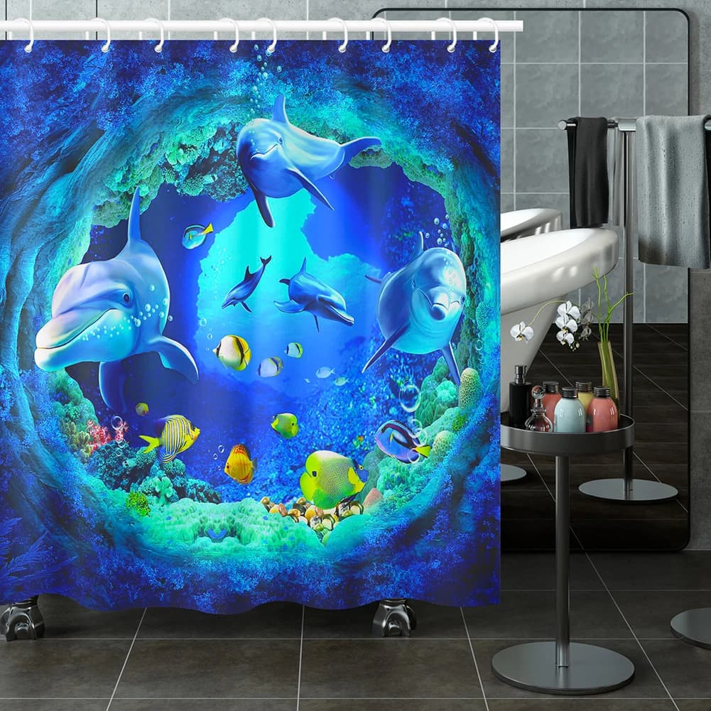 Rideau de douche dauphin bleu, monde sous-marin, vie Marine, tissu en Polyester, thème océan pour en