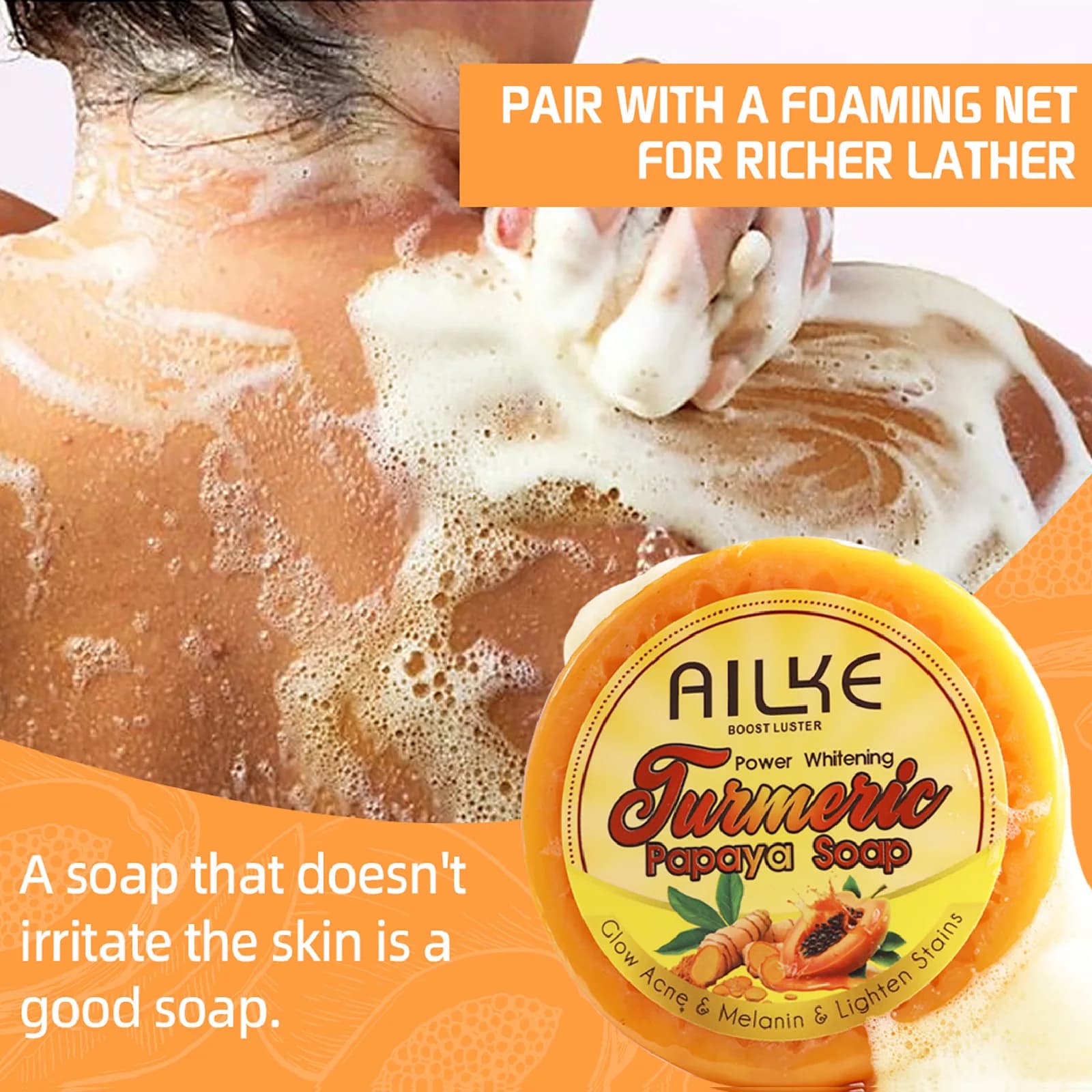 AILKE Barre de savon éclaircissante, au curcuma naturel, papaye, carotte, élimine les taches foncées