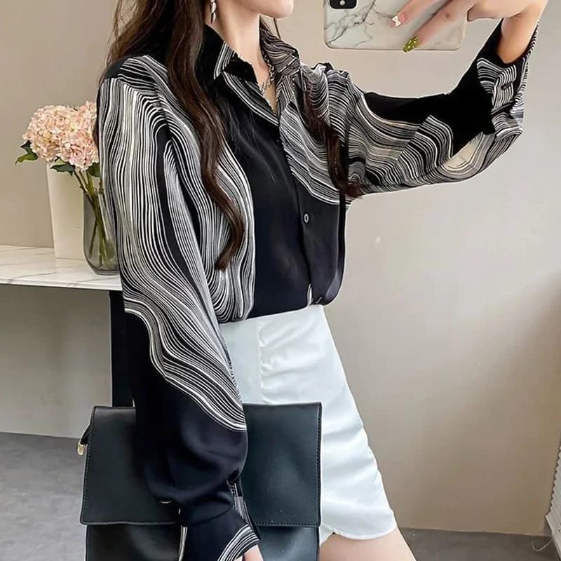 Chemisier en mousseline de soie à rayures pour femmes, chemise à manches lanterne, revers élégant, b