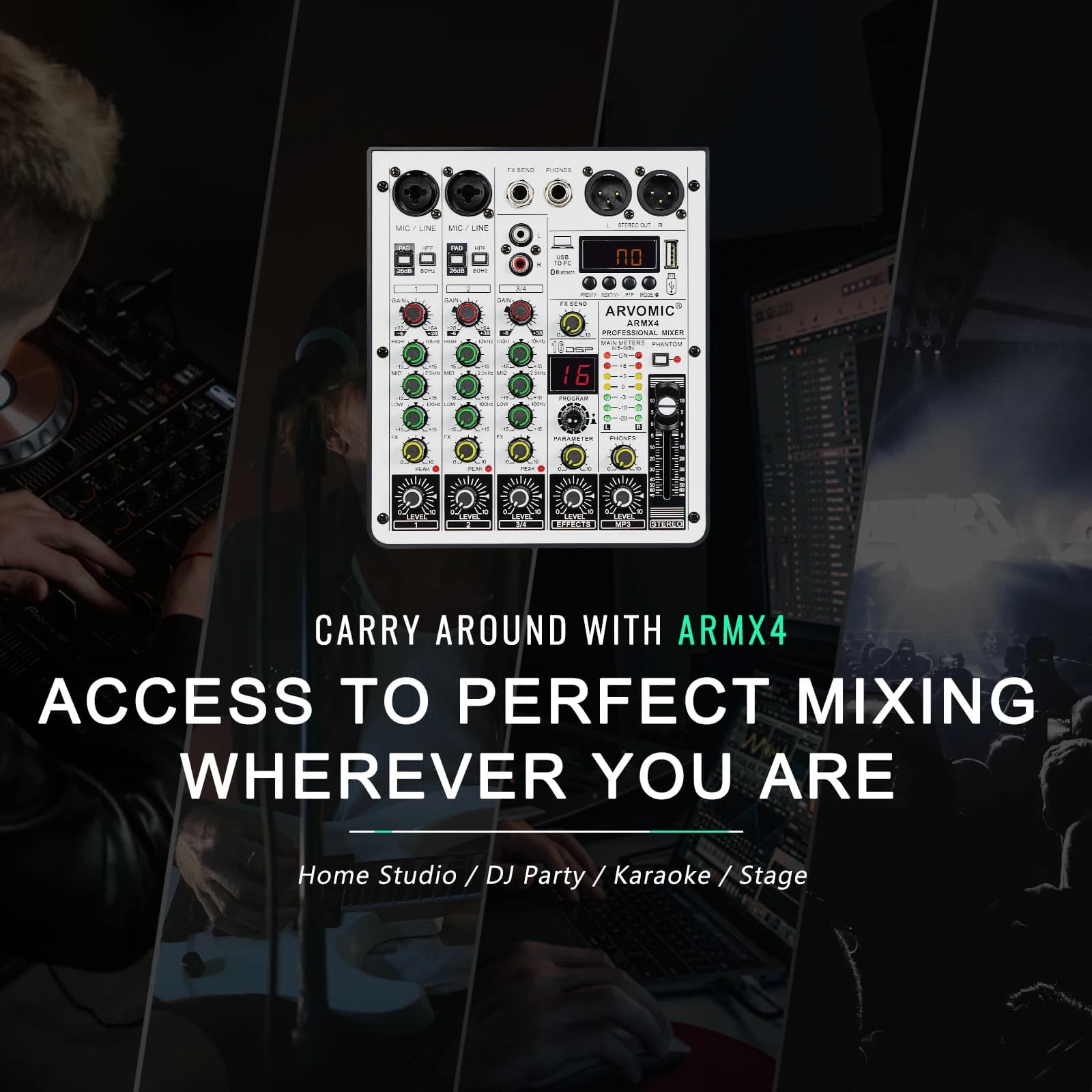 Mélangeur audio 4 canaux, table de mixage DJ avec interface audio USB, fonction Bluetooth, 16 effets