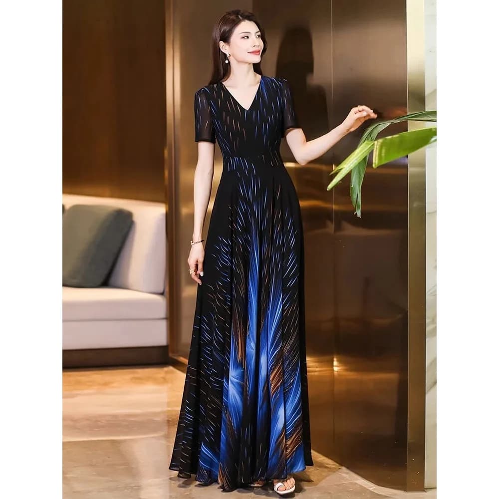 Robe longue en mousseline de soie pour femmes, col en V, mode haut de gamme, grande taille 5XL, slim