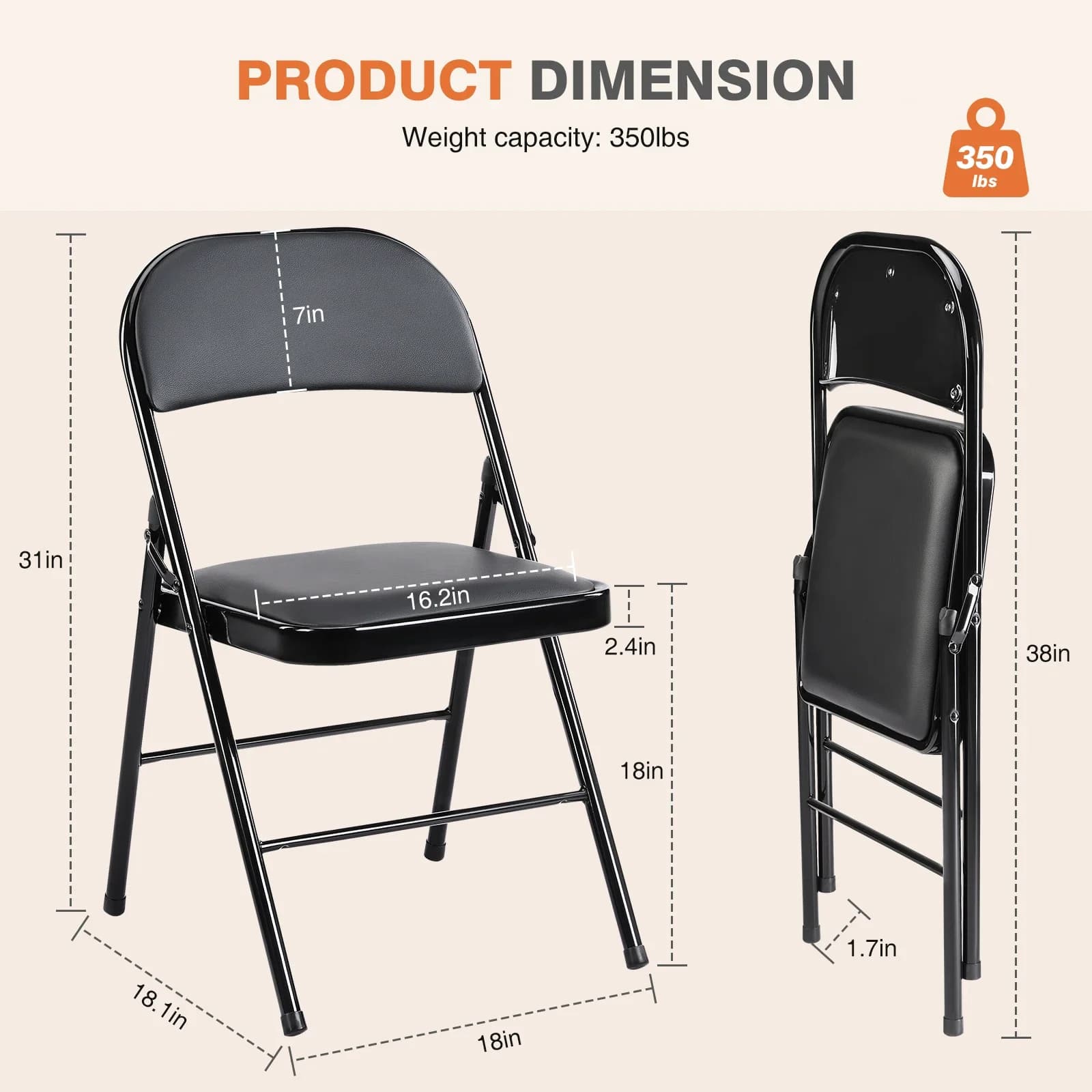 Lot de 4 chaises pliantes rembourrées en cuir, en métal robuste, faciles à utiliser et à ranger, pou