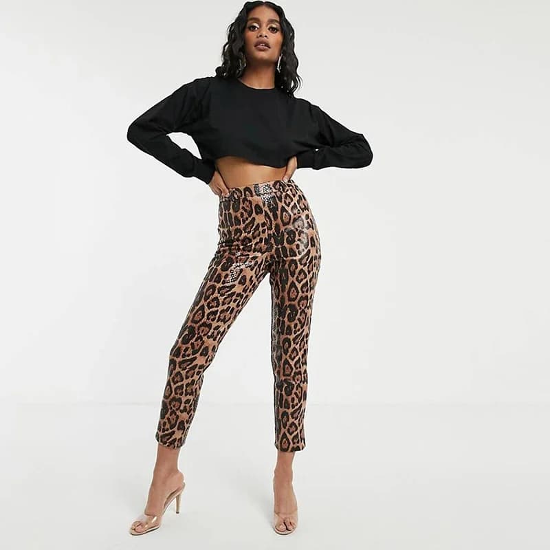 Leggings en similicuir PU imprimé léopard pour femmes, collants extensibles vintage, taille haute, s
