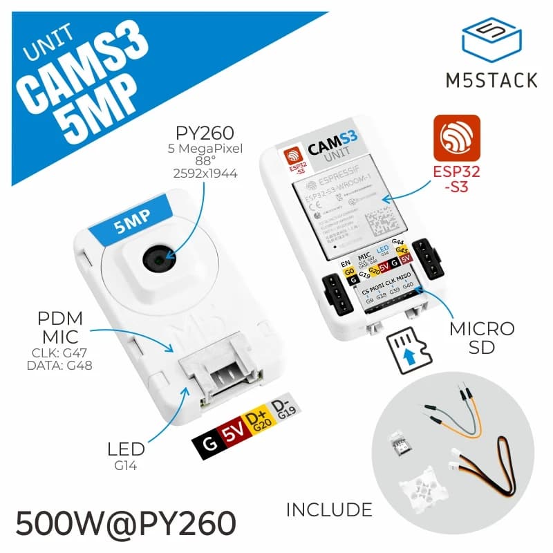 Unité officielle M5Stack Caméra Wi-Fi CamS3 5MP
