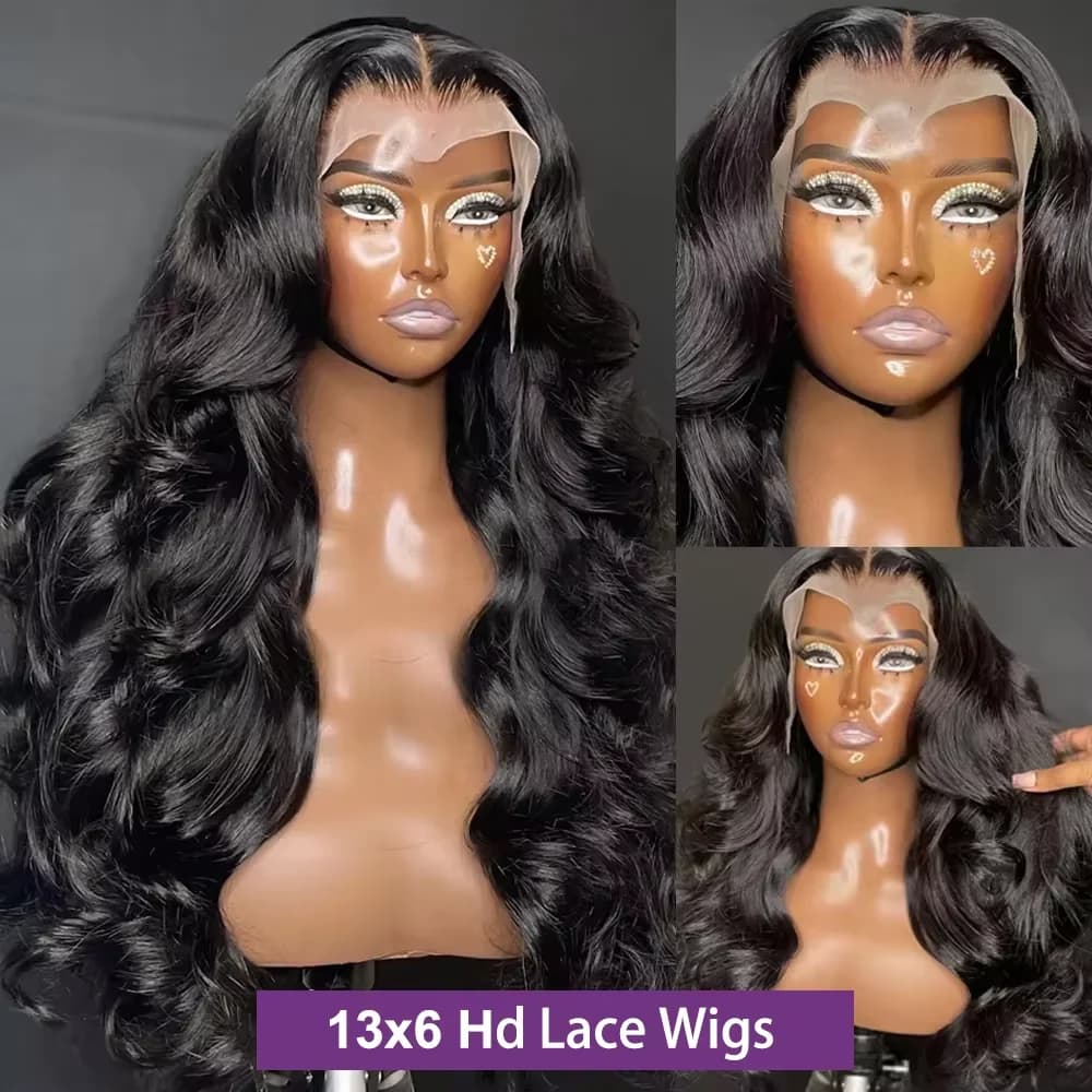 40 42 pouces Real vague corps brut perruques cheveux humains HD dentelle avant perruque noir pré plu