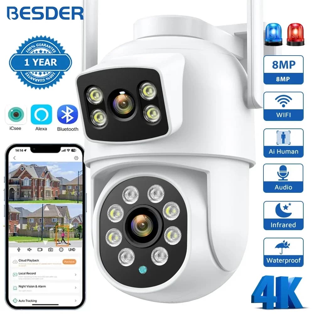 BESDER-Caméra de surveillance extérieure PTZ IP WiFi 4K 8MP/4K, dispositif de sécurité sans fil, ave