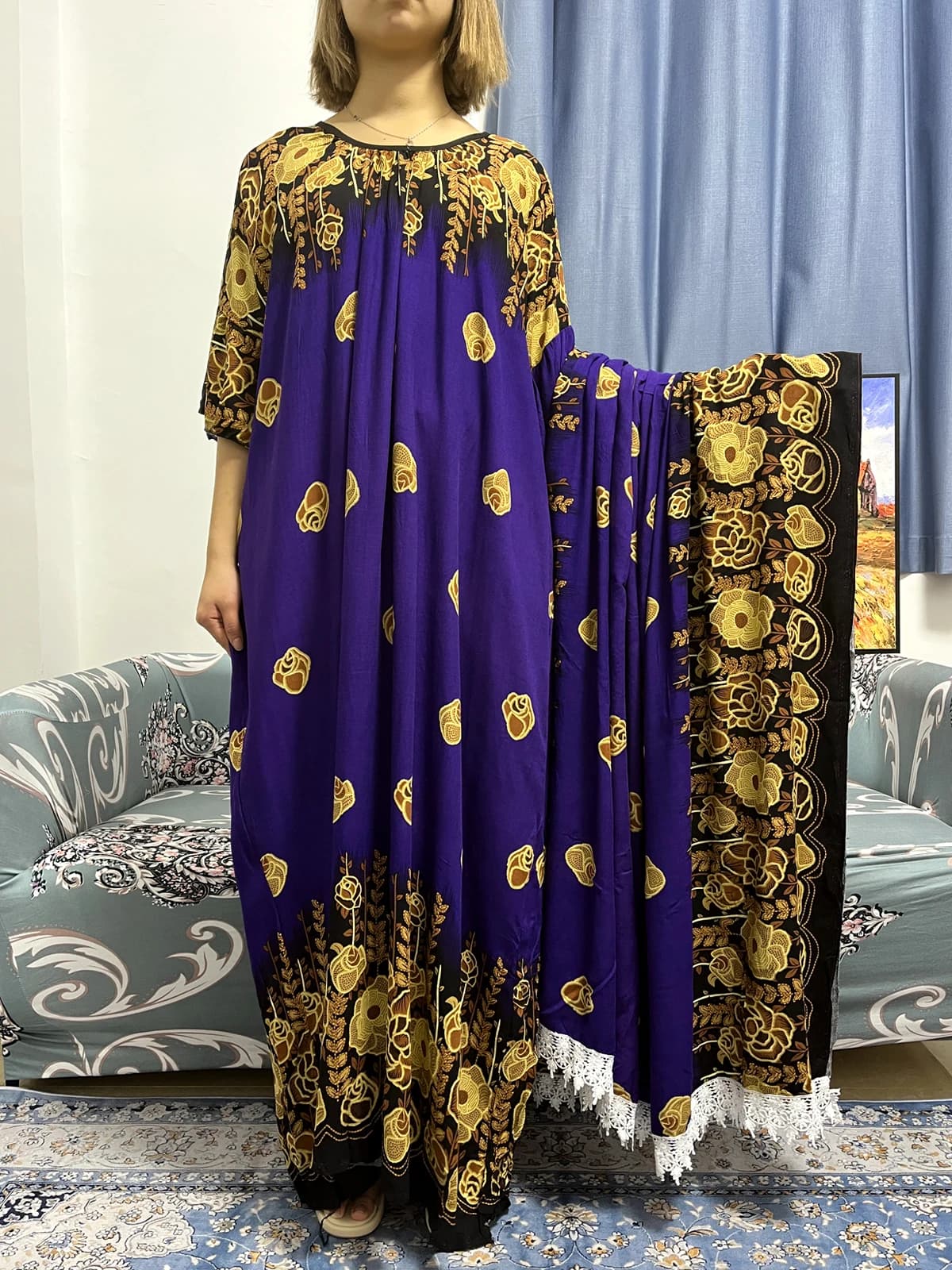Robe africaine à col rond avec grande écharpe en dentelle pour femmes, robes musulmanes, Abayas Djel